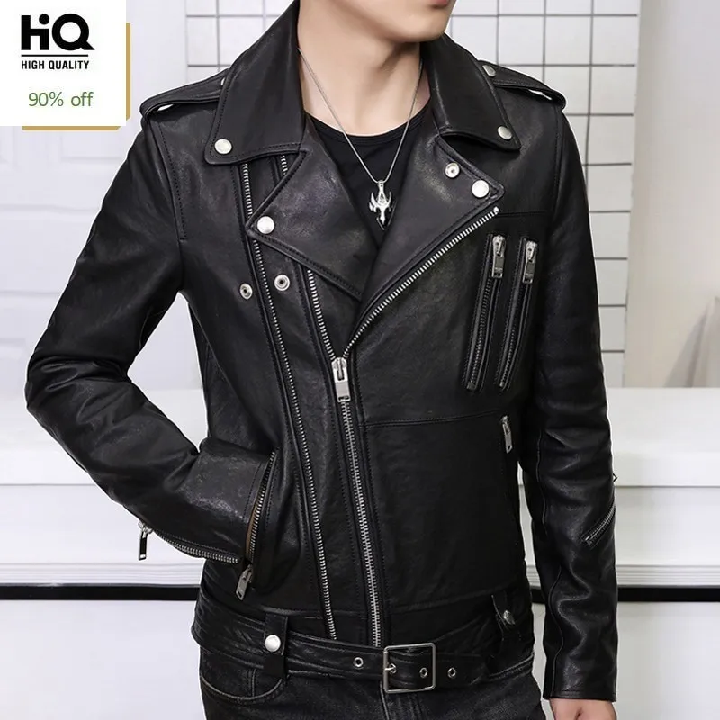 

Men Motorcycle Leather Jacket Business 100% Genuine Sheepskin Coat Men Oblique Zipper Bomber Biker Jackets Black Cuero Genuino