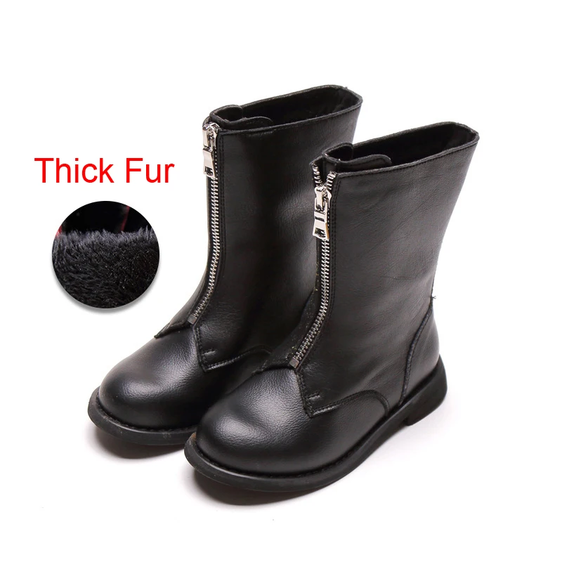 Thick Fur Black Новинка зимы; сапоги "Принцесса" для девочек ботинки до середины икры детские мягкие из искусственной кожи; брендовые ботинки черного цвета модные теплые ботинки - Цвет: Thick Fur Black