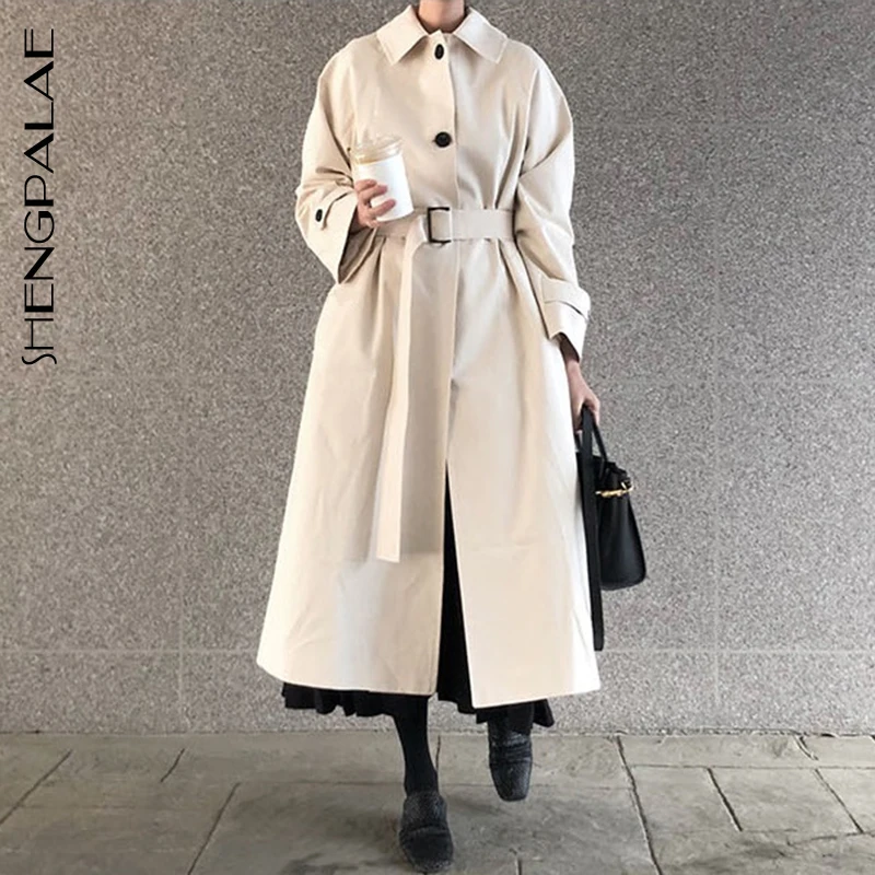 

SHENGPALAE Vintage Style Autumn 2019 Full Sleeve Single Breasted Turn-down Collar With Sashes Temperament Women Loose Coat FS386