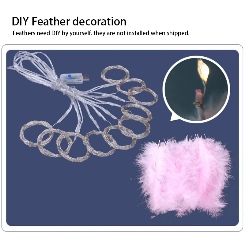 Led Feathers Curtain Light USB Copper Wire Fairy Lights Christmas Living Room Wedding Party Decoration INS Feather String Lights