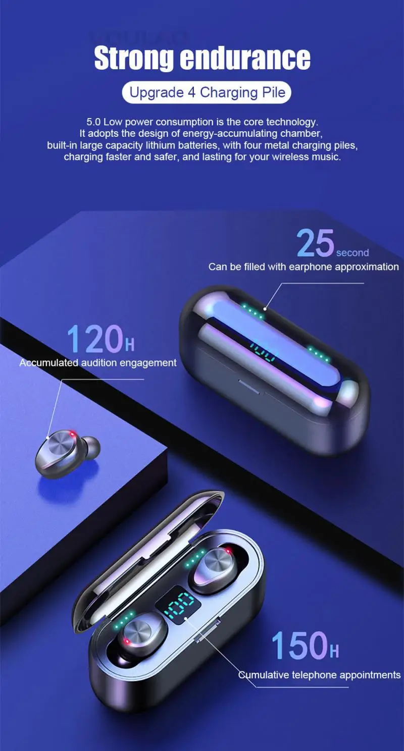 F9 TWS 5,0, беспроводные Bluetooth наушники, сенсорная кнопка управления, светодиодный дисплей, гарнитура, двойной 8D, стерео звук, наушники