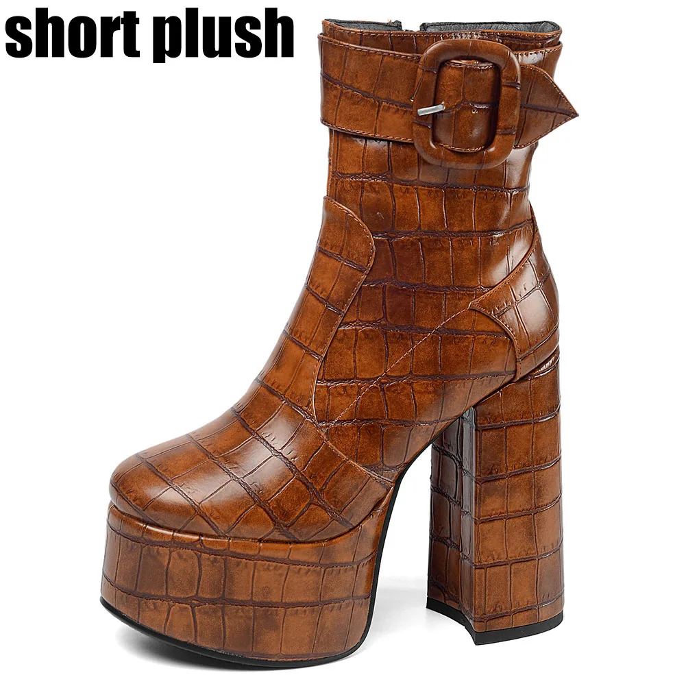 RIBETRINI/модные женские ботильоны с высоким берцем; Винтажная обувь на платформе с высоким квадратным каблуком; женские вечерние и свадебные модельные ботинки с пряжкой - Цвет: brown short plush