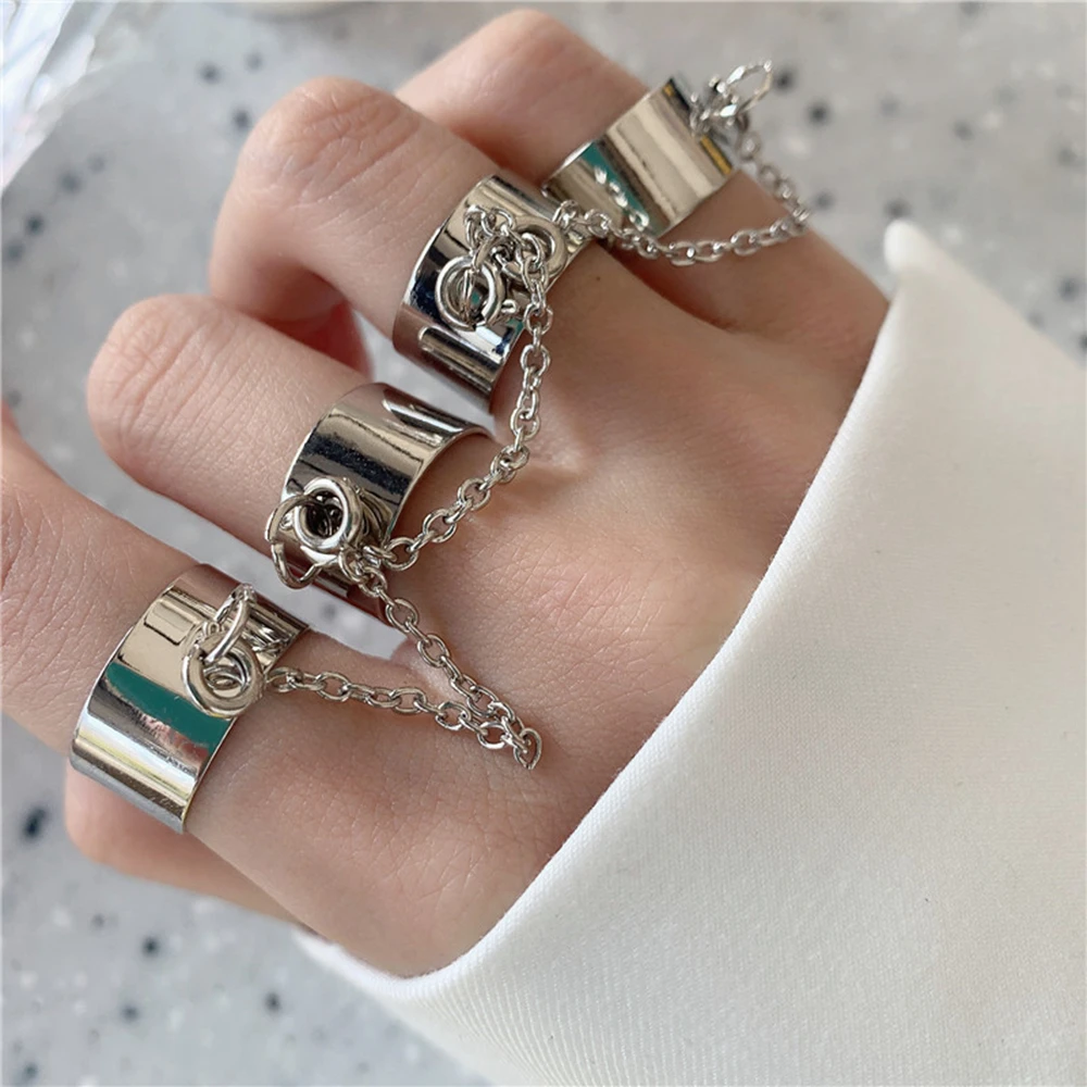 

Cool Punk HipHop Adjustable Multilayer Chain Four Fingers Open SilverAlloy Women Rotate Rings for Party women gift Party Jewelry
