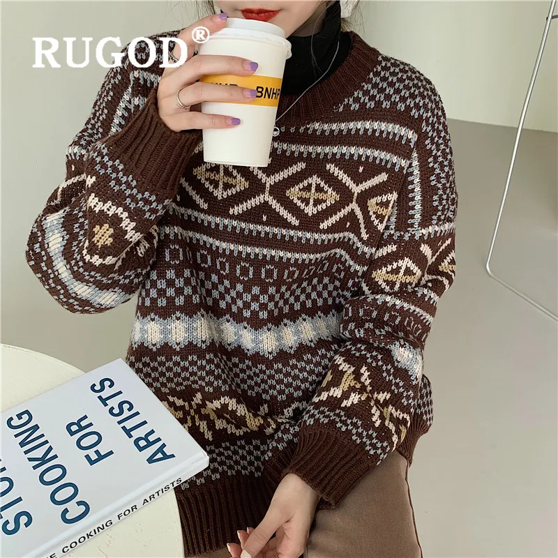 RUGOD Винтаж длинный вязаный свитер осень пуловер Джемпер зимнние модные Для женщин вязаная одежда размера плюс корейский стиль Для женщин свитера