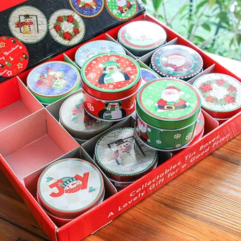 

junejour 12PCS Christmas Candy Box Tin-Plate Round Gift Box Can For Cookies Tea Jewelry Coin Storage Container Kit Christmas