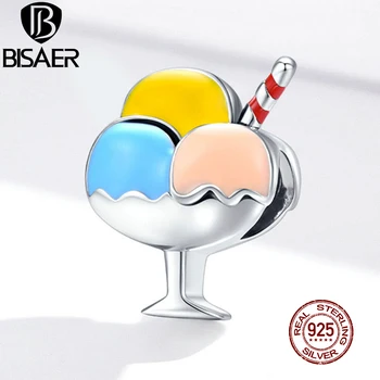 

BISAER Tri-color Ball Ice Cream Beads 925 Sterling Silver Blue Yellow & Pink Enamel Charms Pendant Fit Bracelet Necklace ECC1532
