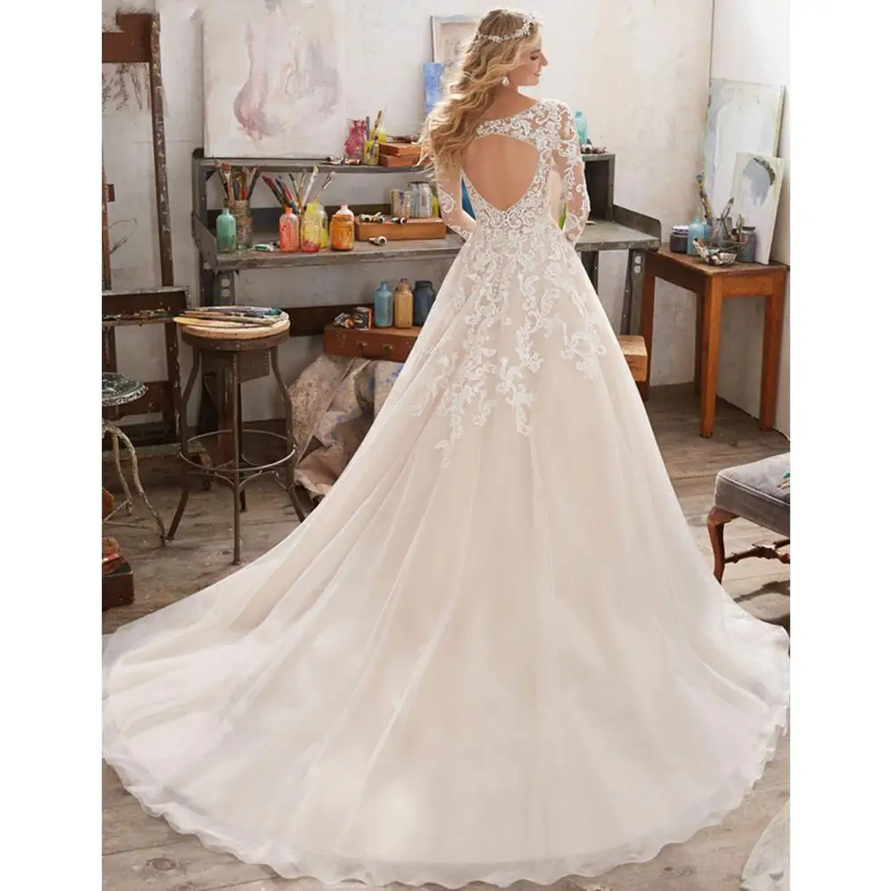 Свадебное платье с длинными рукавами бежевого цвета, высококачественное кружевное платье с аппликацией, платье невесты с открытой спиной