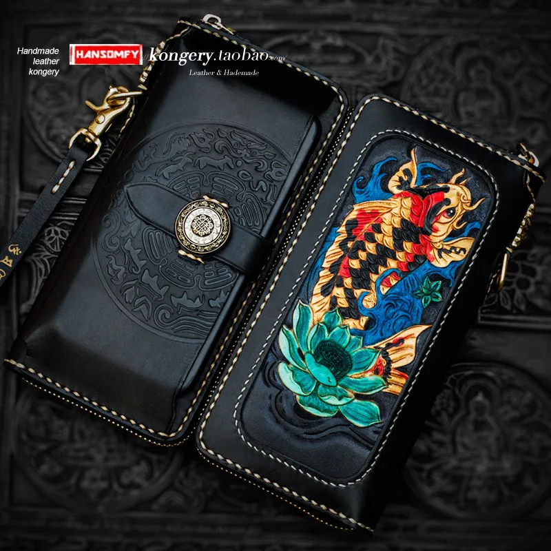 

New Handmade men's wallet long zipper bag genuine leather carved wallet card holder purse mobile phone clutch bag retro wallets