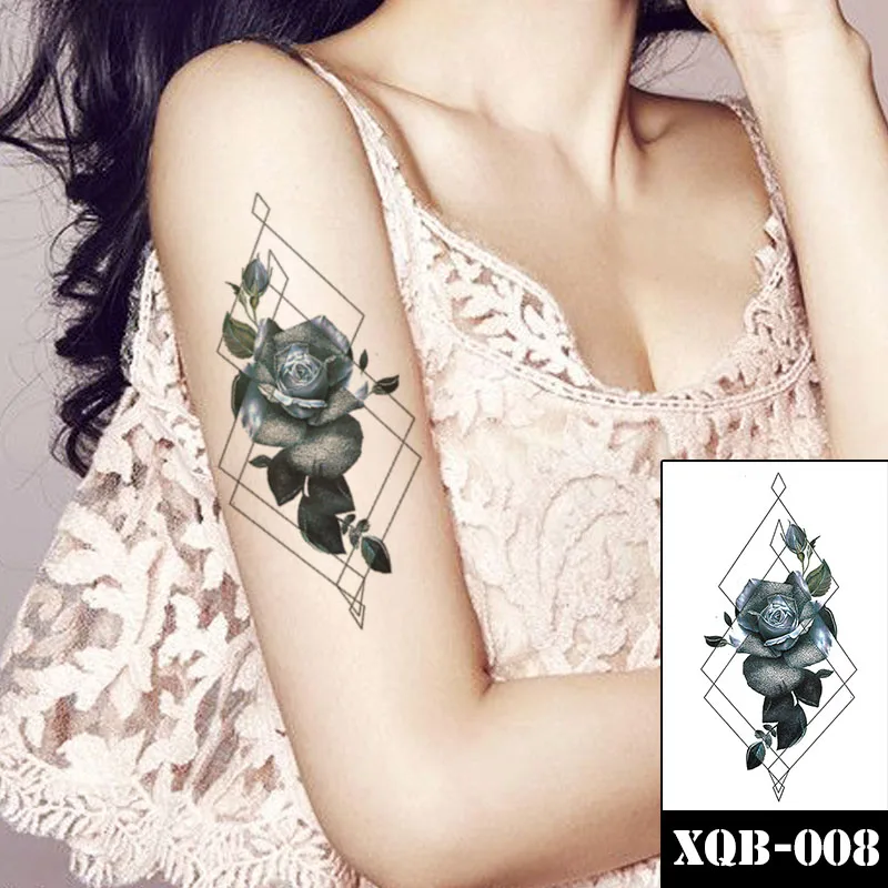 

Simulation Rose Temporary Tattoos for Women Star Black Fake Tattoo Sticker Geometry Triangle Line Tatoos Waterproof Body Art Arm