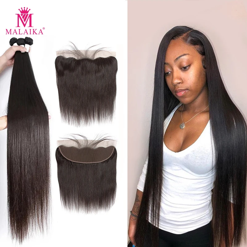 Hair-Weave-Bundles Closure Frontal Malaika Straight Brazilian 40inch with 34 30-32 Remy