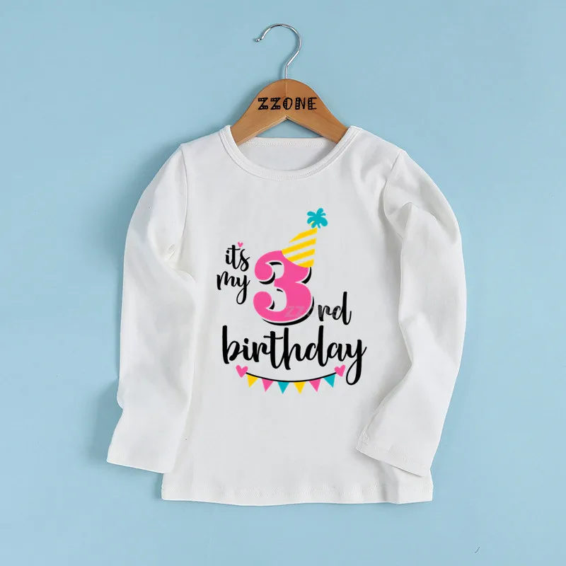 Футболка с надписью «Happy Birthday Number 1-9» для девочек одежда с длинными рукавами для малышей Забавный подарок на день рождения, футболка с номером LKP2432