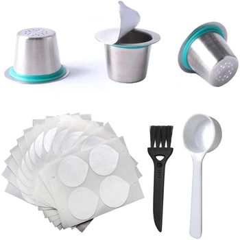 

Reusable Coffee Pods for Nespresso,120Pcs Self Adhesive Capsules Foil Seals with Brush, Spoon for Nespresso Machines