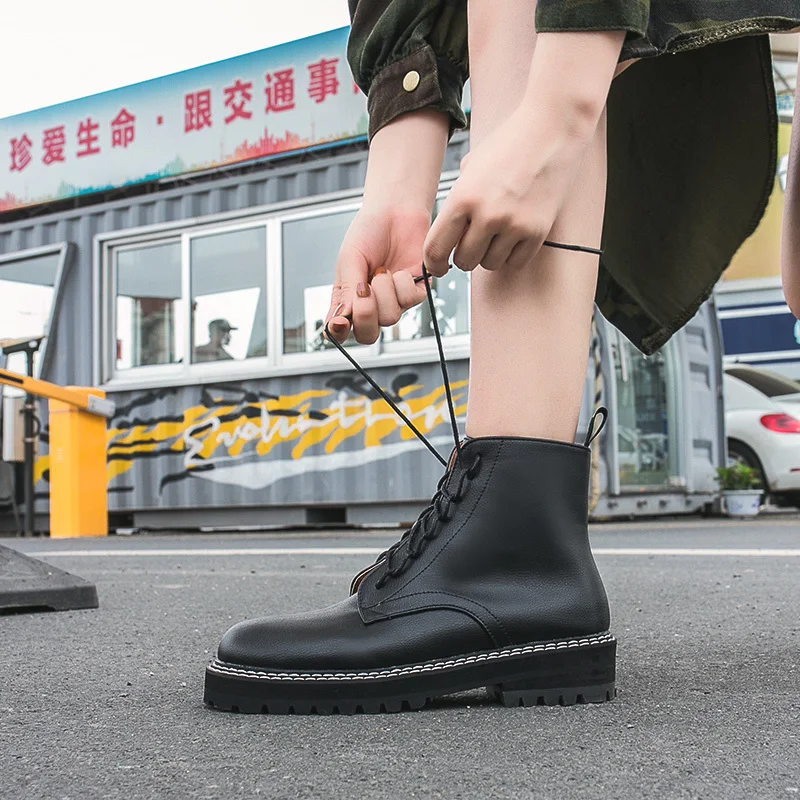 Najtaniej Rozmiar 35 40 Chunky buty motocyklowe dla kobiet jesień 2019 moda okrągłe Toe sznurowane buty bojowe Martin damskie buty zimowe śnieg