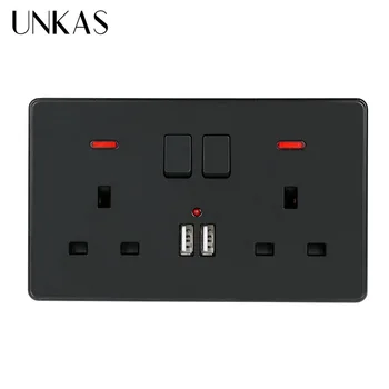 

UNKAS Wall Power Socket Double UK Standard Outlet Switched 2.1A Dual USB Charger Port LED Indicator 146mm*86mm Black Color