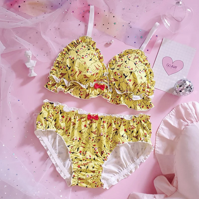 

Cute Pikachu Japanese Style Bra & Panties Set Wirefree Soft Underwear Sleep Intimates Set Sweet Kawaii Lolita Yellow Anime