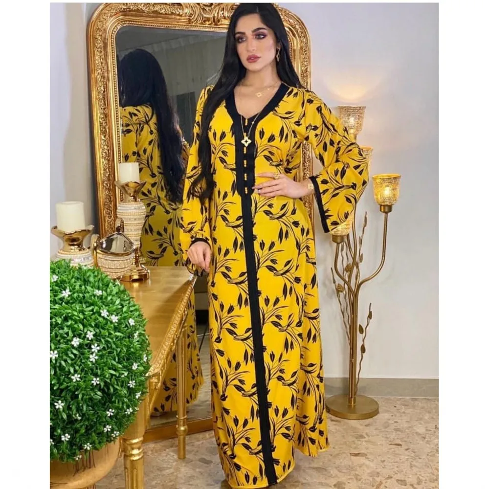 Fashionable Elegant New Spring Summer Muslim Robe Ladies Middle East Dubai Turkish Arab Ramadan Dress Floral Long Sleeved Dress