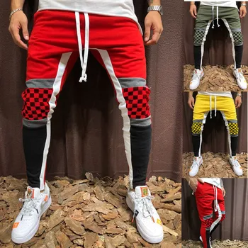 

Men Casual Sports Pants Plaid Contrast Color Stitching Hip-hop Fitness Pants Drawstring Joggers Streetwear Pencil Pants Men