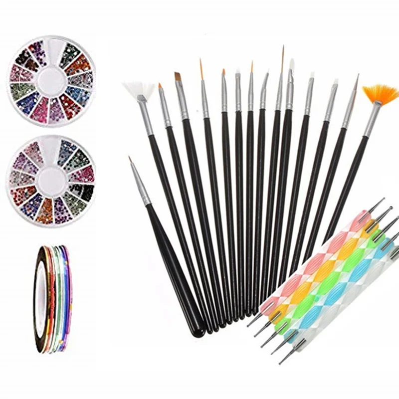 3d Nail Art Paiting Polish Design Kit with 12 Colors Nail Rinestones& 10 Adhesive Nail striping tape for False Acrylic Nails
