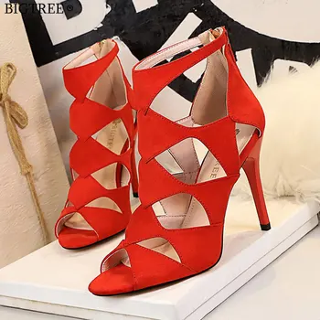 

BIGTREE women shoes 2020 Summer new fish mouth sexy hollow Sandals zapatillas mujer Roman shoes red high heel stiletto pumps