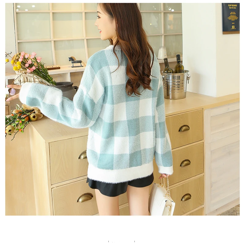 2019 Autumn Winter Thick Wool Sweater Women Round Neck Plaid Loose Pullover Casual O-Neck Long Sleeve Pink Gray Blue Green Top 2019 Autumn Winter Thick Wool Sweater Women Round Neck Plaid Loose Pullover Casual O-Neck Long Sleeve Pink Gray Blue Green Top