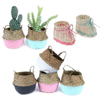 

1 x Authentic Handmade Bamboo Storage Baskets Foldable Laundry Straw Patchwork Wicker Rattan Seagrass Belly Garden Flower Pot
