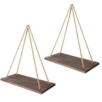 

BESTWall Hanging Shelf, Set of 2 Wood Floating Shelves for Wall Rustic Rope Shelves Plant Shelf Farmhouse Decor for Living Room