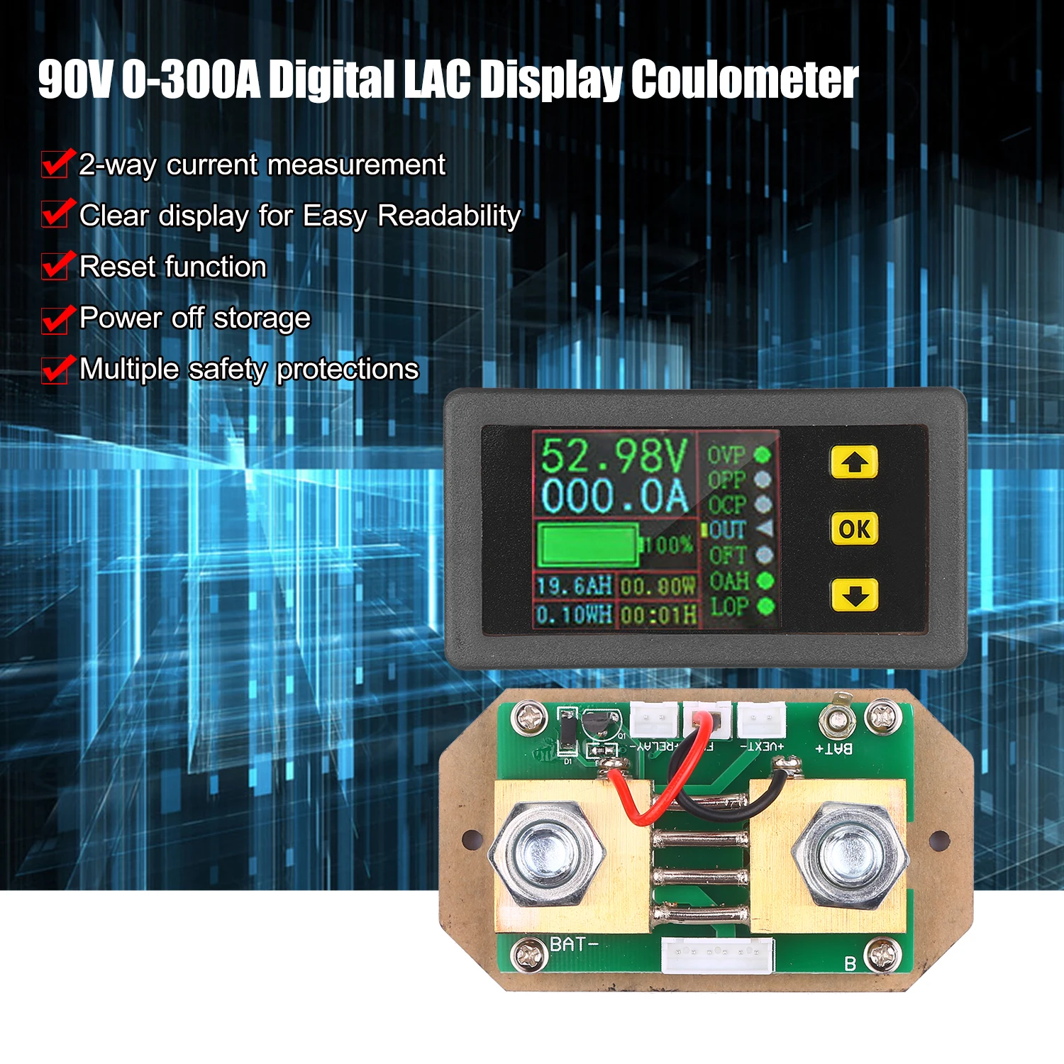 90V 0-500A цифровой ЖК-дисплей Дисплей кулонометр 2-полосная тока измерительный