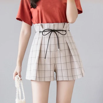 

Casual Plaid Sweet Women Denim Shorts Summer Korean Sashes Straight Female Shorts Mujer Empire Drawstring Sexy Mini Jeans Shorts