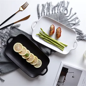 

Retro Storage Tray With Handle Home Rectangular Ceramic Baking Plate Food Fruit Dessert Dish Tableware Jewelry Display Tray 1pc