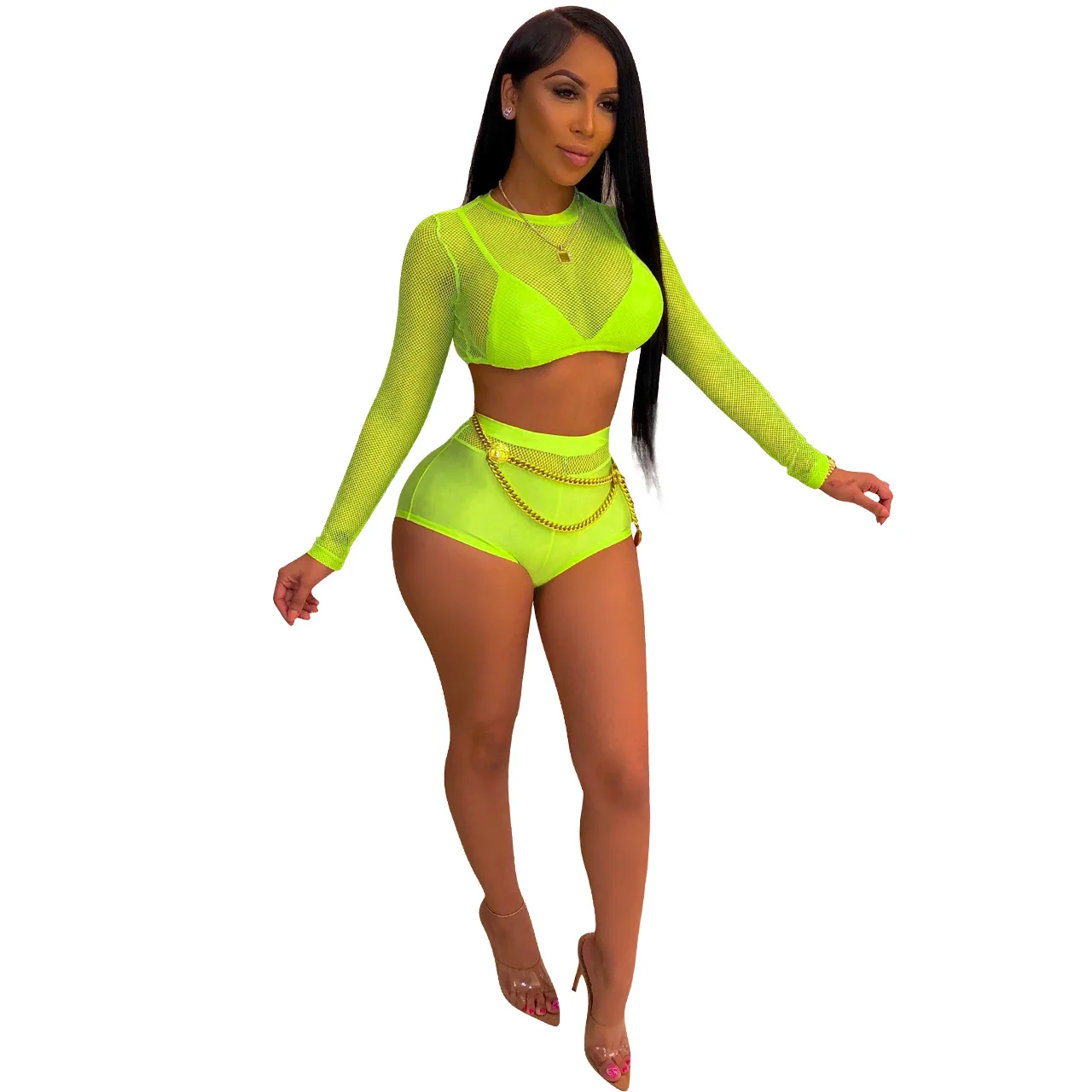 

Cutubly Sexy See Though Bathing Suits Two Piece Swimsuit Long Sleeve Backless Tops and Shorts Two Piece Bathing Suits for Women