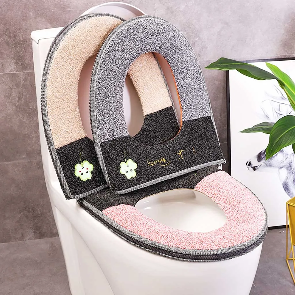 

Household Winter Plush Soft Toilet Seat Pad Cover Toilet Seat Zipper With Handle Toilet Lid Cover Accessories