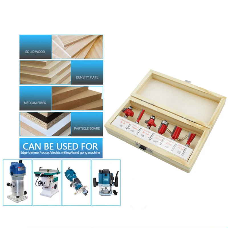 LAMEZIA 6pcs 6.35mm Shank Tungsten Carbide Tipped Milling Cutter Wood Router Bit Set Bearing Woodworking Tool Box