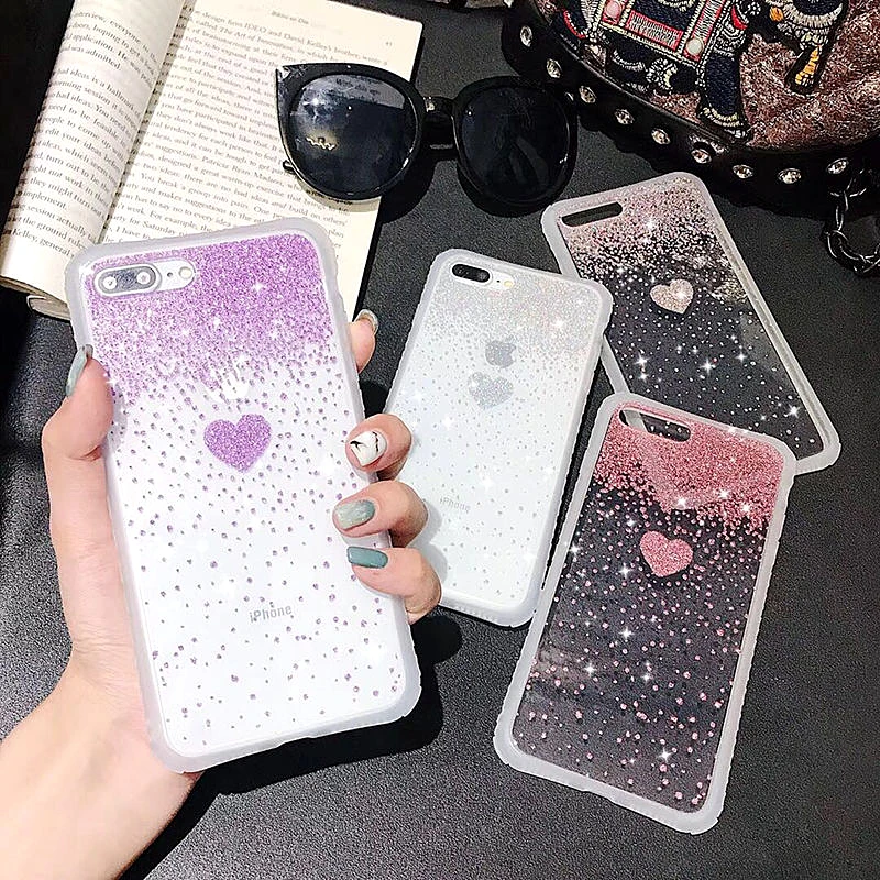 

Glitter Transparent Cute Love Heart Pattern Phone Case For iPhone 7 Case X XS XR XS Max 6 8 Plus Clear Shining Bling Back Cover