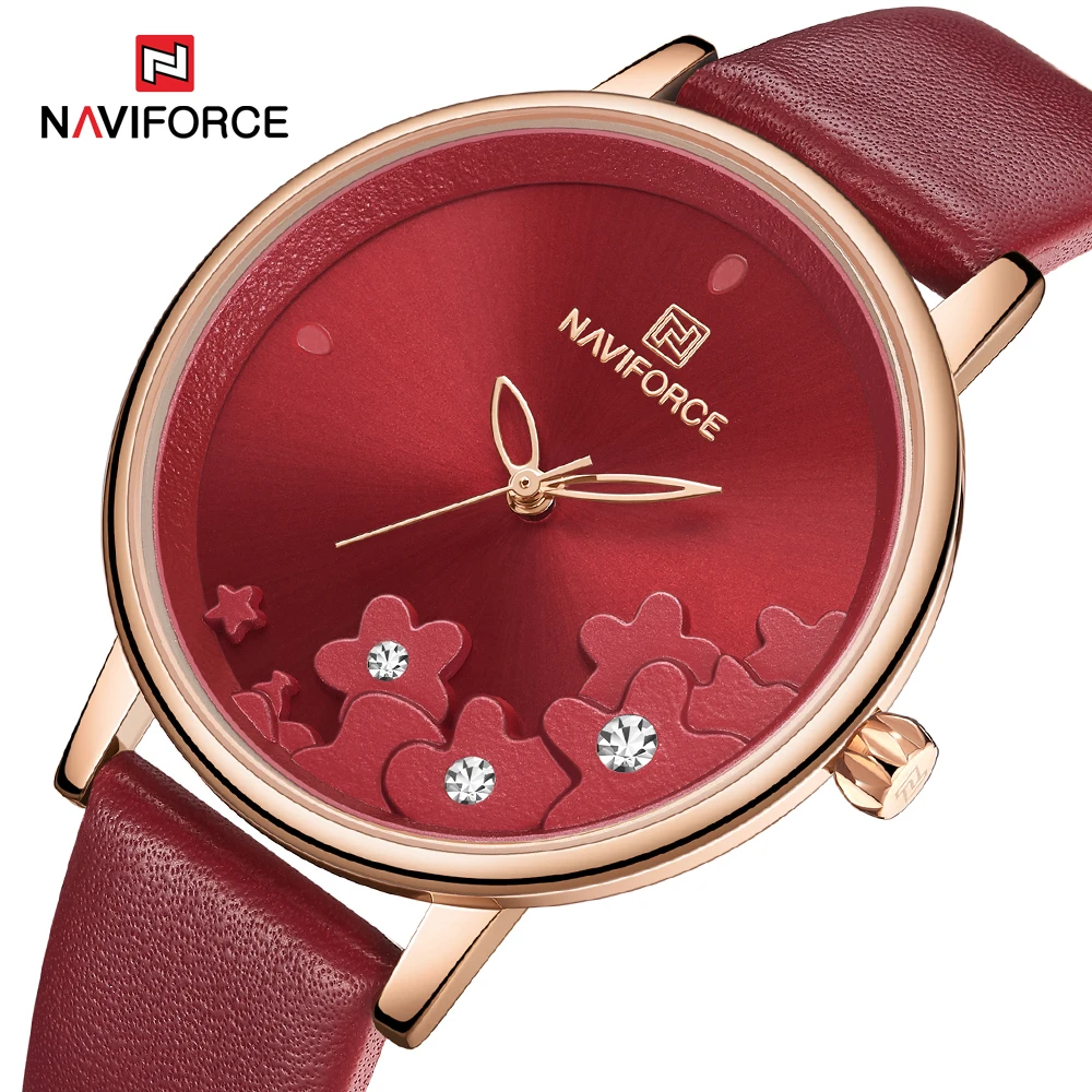 NAVIFORCE новинка часы с красным кожаным ремешком женские Кварцевые