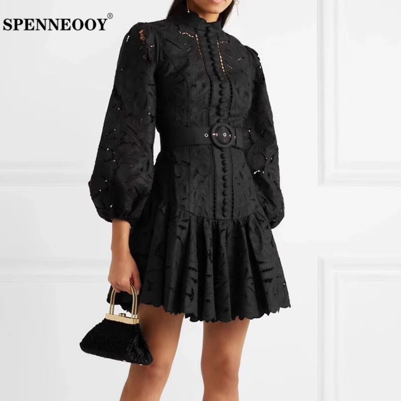 

SPENNEOOY Designer Custom Runway Female Fashion Summer Black Party Dresses Women Lantern Sleeve Hollow Out Vintage Mini Dresses