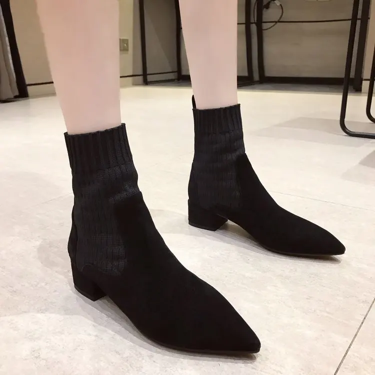 

2019 Spring And Autumn New Style Thin Boots Short Boots Women's Chunky-Heel Semi-high Heeled Boots Pointed Toe Knit Elasticity S