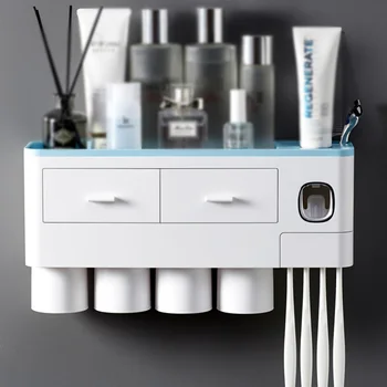 

Toothbrush Holder Automatic Toothpaste Dispenser With Cup Wall Mount Toiletries Storage Rack Bathroom Accessories Set
