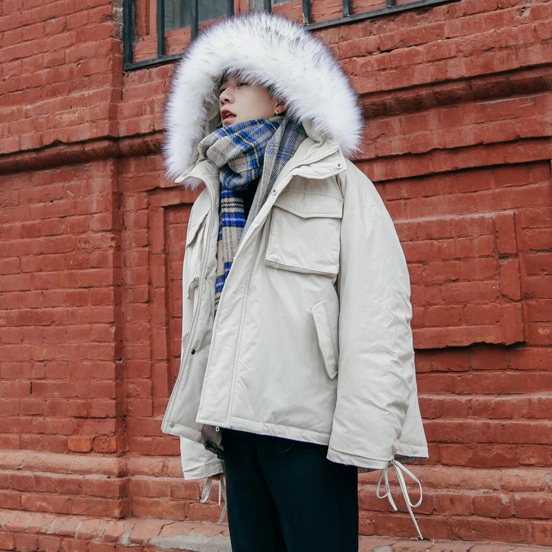 khaki EWQ/осень-зима, свободное плотное пальто с длинным рукавом, карманами, на молнии, с меховым капюшоном, мужская куртка в Корейском стиле FS947 - Цвет: khaki