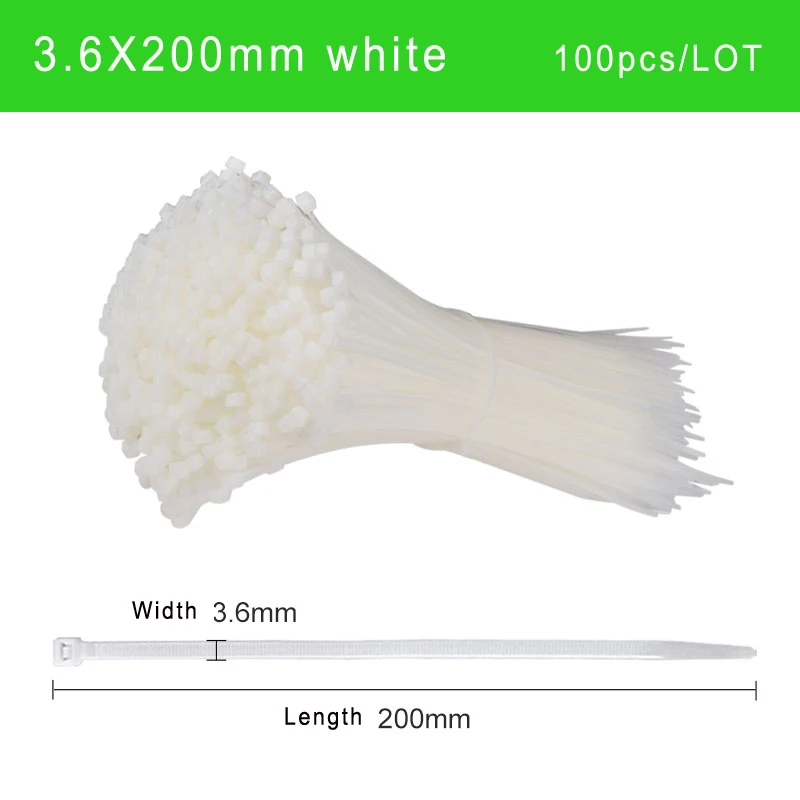 3.6X200 White 100pcs 100 шт. нейлоновая кабельная стяжка самоблокирующаяся белая черная кабельная проволочная стяжка 2X200 мм или 3,6X200 мм сетка фиксированная - Цвет: 3.6X200 White 100pcs
