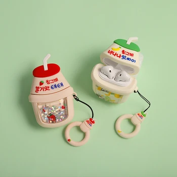 

Cute Quicksand Bubble Tea For Airpods 1/2 Case Soft Silicone Wireless Bluetooth Earphone Protective Cover With Finger Ring Strap