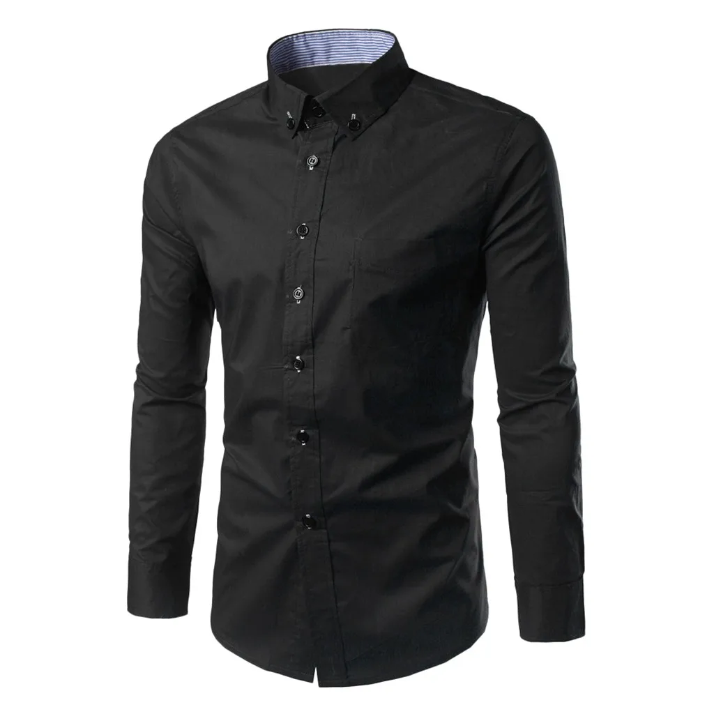 Мужские рубашки с длинными рукавами, строгая сорочка Camisa Masculina, модная Однотонная рубашка с воротником на пуговицах, Облегающая рубашка, черный цвет
