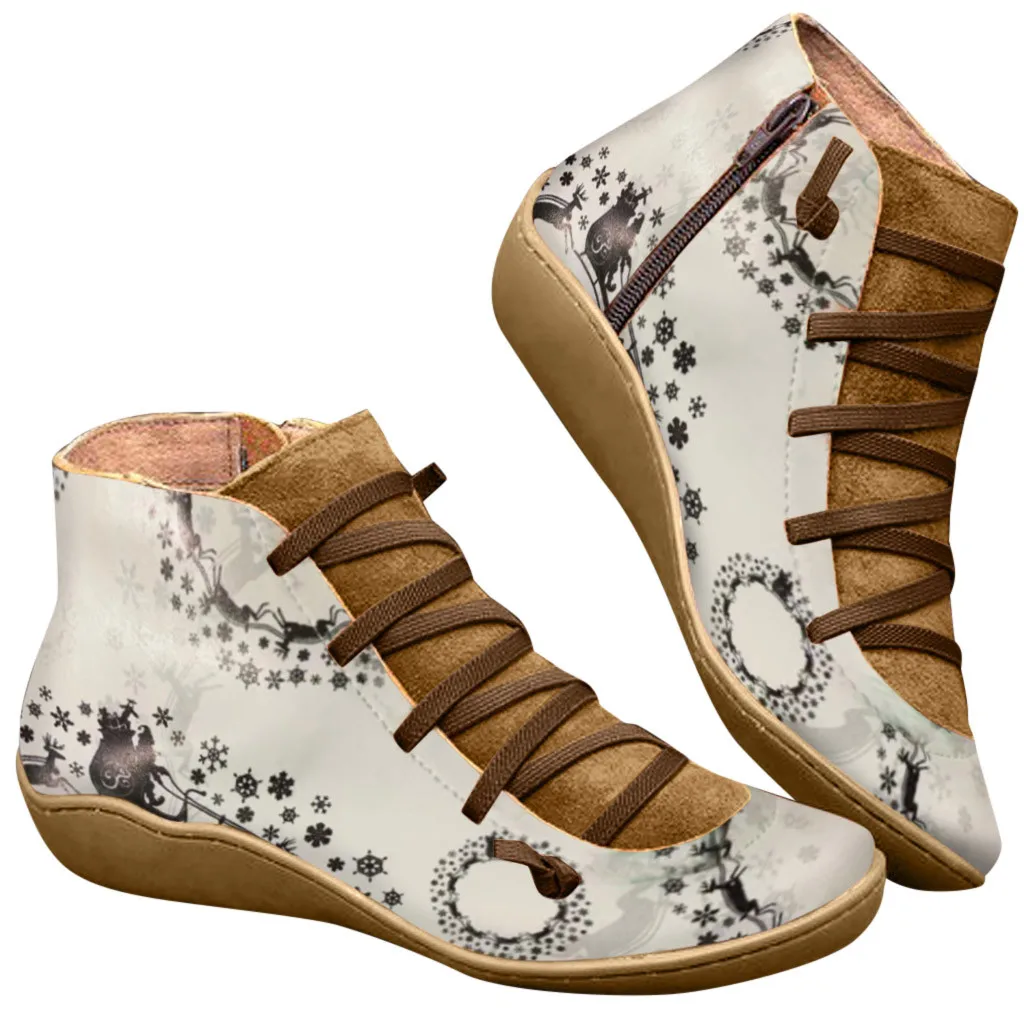 Flat Leather Retro Ankle Boots For Women Fashion Non-slip Lace-up Short Boots Woman Shoes Side Zipper Round Toe Shoe Boots Drop