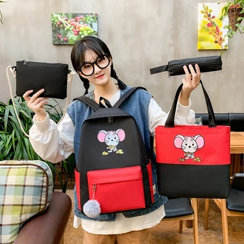 

4pcs cute kids school Bag canvas women School backpack Cartoon Pattern school bag for teenager girl muchila Female Backpack