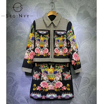 

SEQINYY Autumn Winter Set 2020 New Fashion Design Women Runway Houndstooth Jacket + Mini Skirt Flowers Print High Quality