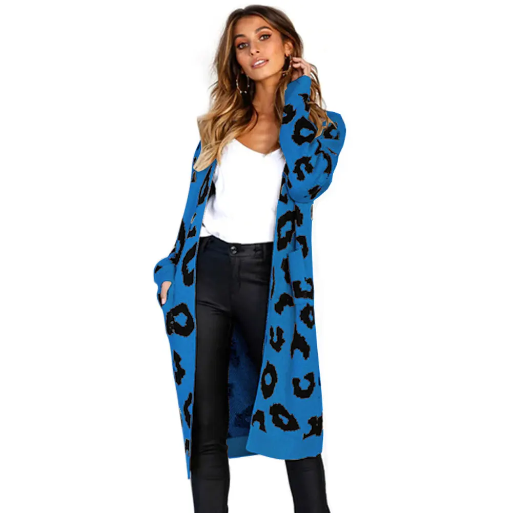 Leopard Print Knee Length Warm Loose Knitted Outwear Fashion Pocket Long Sleeve Casual Soft Polyester Women Sweater Cardigans