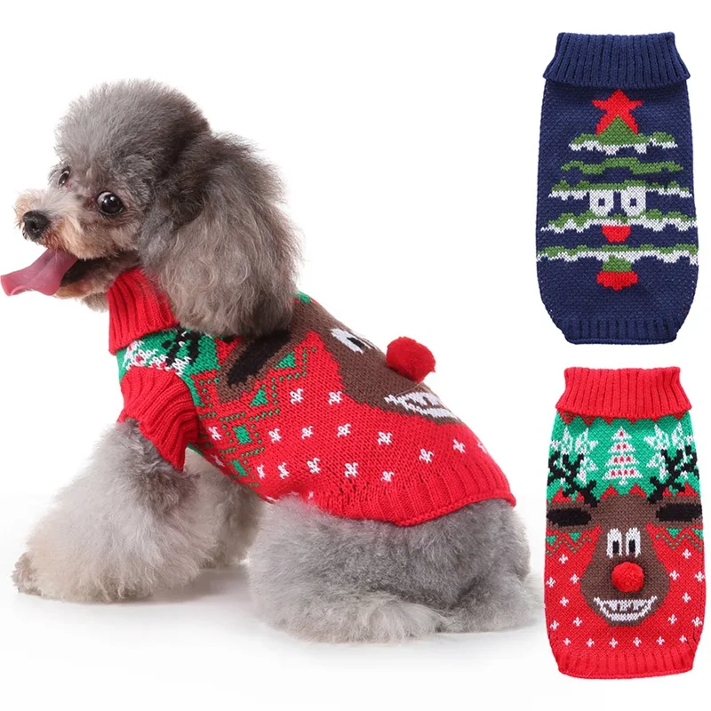 Рождественские аксессуары для домашних животных Теплый свитер(Рождественская елка/олень) маленькие и средние вязаные наряды для собак на осень и зиму