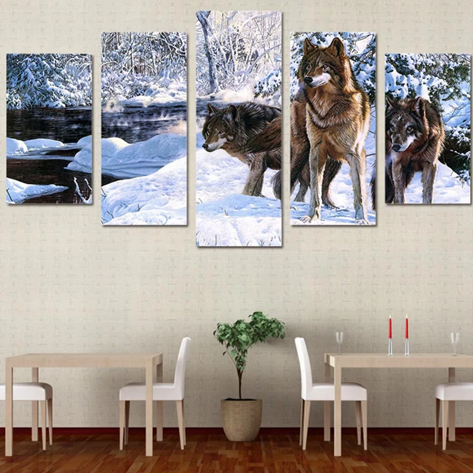 

HD Home Decor Modern Canvas Living Room 5 Panel Snow Wolf Landscape Printed Pictures Painting Wall Art Modular Poster Frame