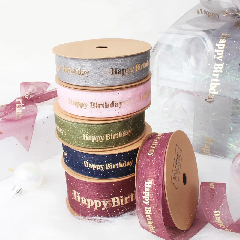 

9m Silk Satin Ribbons DIY Happy Birthday Decoration cake gift wrapping Decorative Snow Yarn Organza Printed Ribbon wedding bow