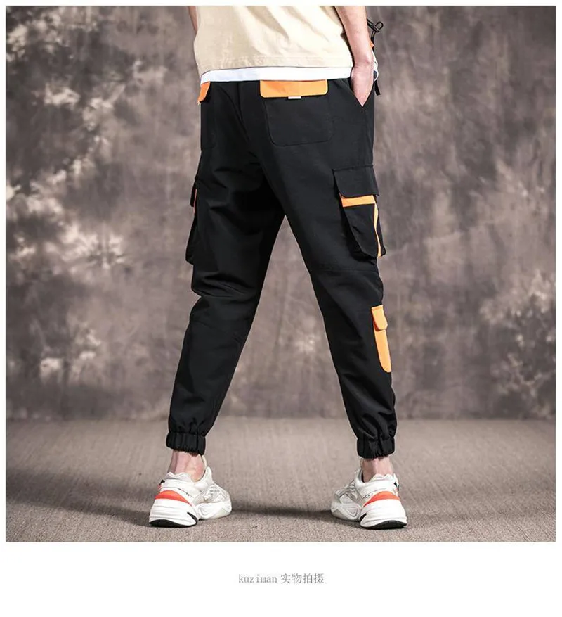 Cargo Pants Men Polyester Comfortable Drawstring Joggers Trousers Black White Many Pockets Ankle Banded Male Casual Pants Boys