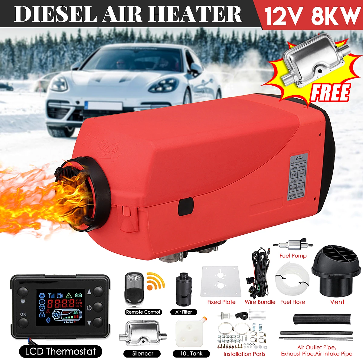 

8KW 12V Air Diesel Fuel Heater Quiet Parking Car Heater + LCD Monitor Remote Control for RV Caravan Motorhome Bus Tuck Boat